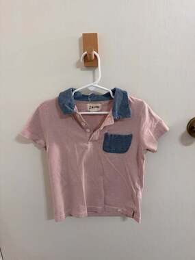Me & Henry Toddler Boys Pink Striped Polo Shirt with Chambray Pocket and Collar